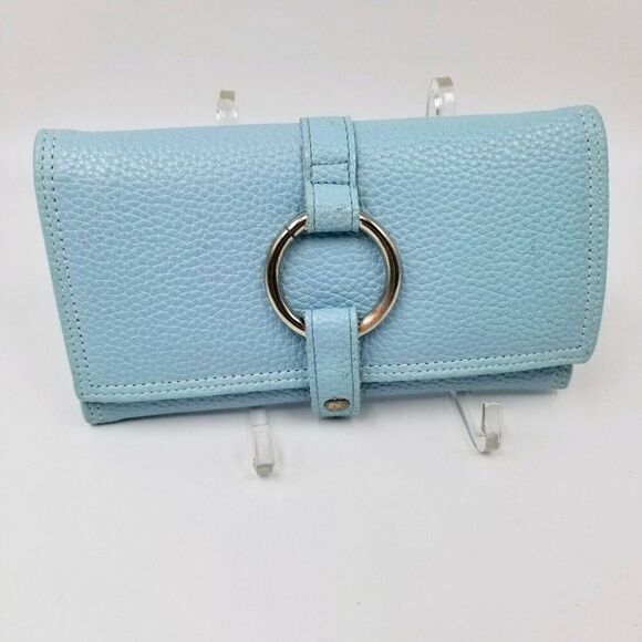 Womens Trifold Aqua Blue Wallet 8" Wide Zipper Pockets Pebbled Faux Leather - Picture 1 of 7